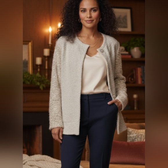 LUCKY BRAND Grey White Knit Cardigan With Multicolored Faux...